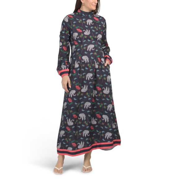 CELINA MOON Navy Long Sleeve Mock Neck Swan Embroidered Look Maxi Dress